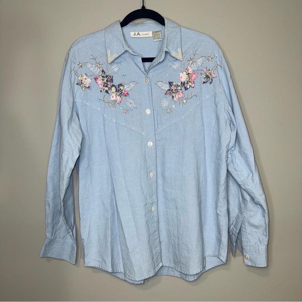 J.A. Studio Womens Light Blue Cotton Embroidered Floral Pearl Button Up Shirt L